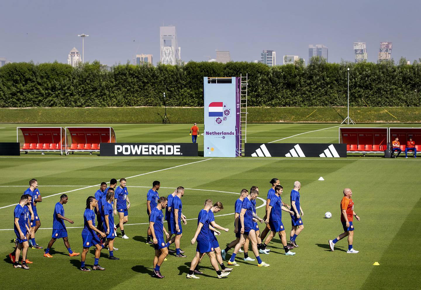 Hoardings for commercial partners surround a practice session of the Dutch national team at the Qatar University training complex in Doha, Qatar.
