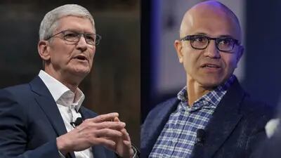 Tim Cook y Satya Nadella, CEOs de Apple y Microsoft.