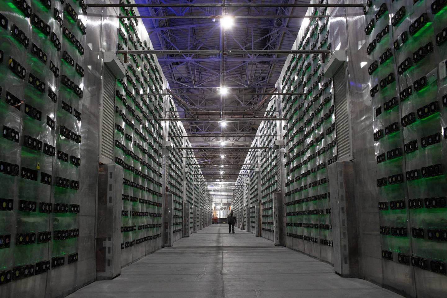 Racks of mining rigs at a cryptocurrency mining center in Nadvoitsy, Russia.