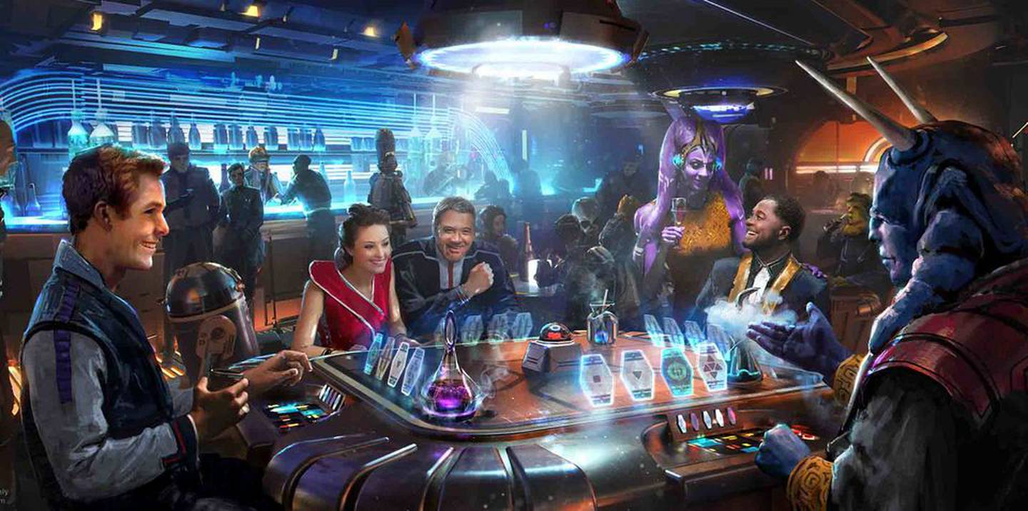 Las imágenes muestran el Sublight Lounge, donde se pueden beber cócteles de frutas Muja y jugar a juegos de Holo-sabacc. Fuente: Disney/Lucasfilm Ltd.dfd