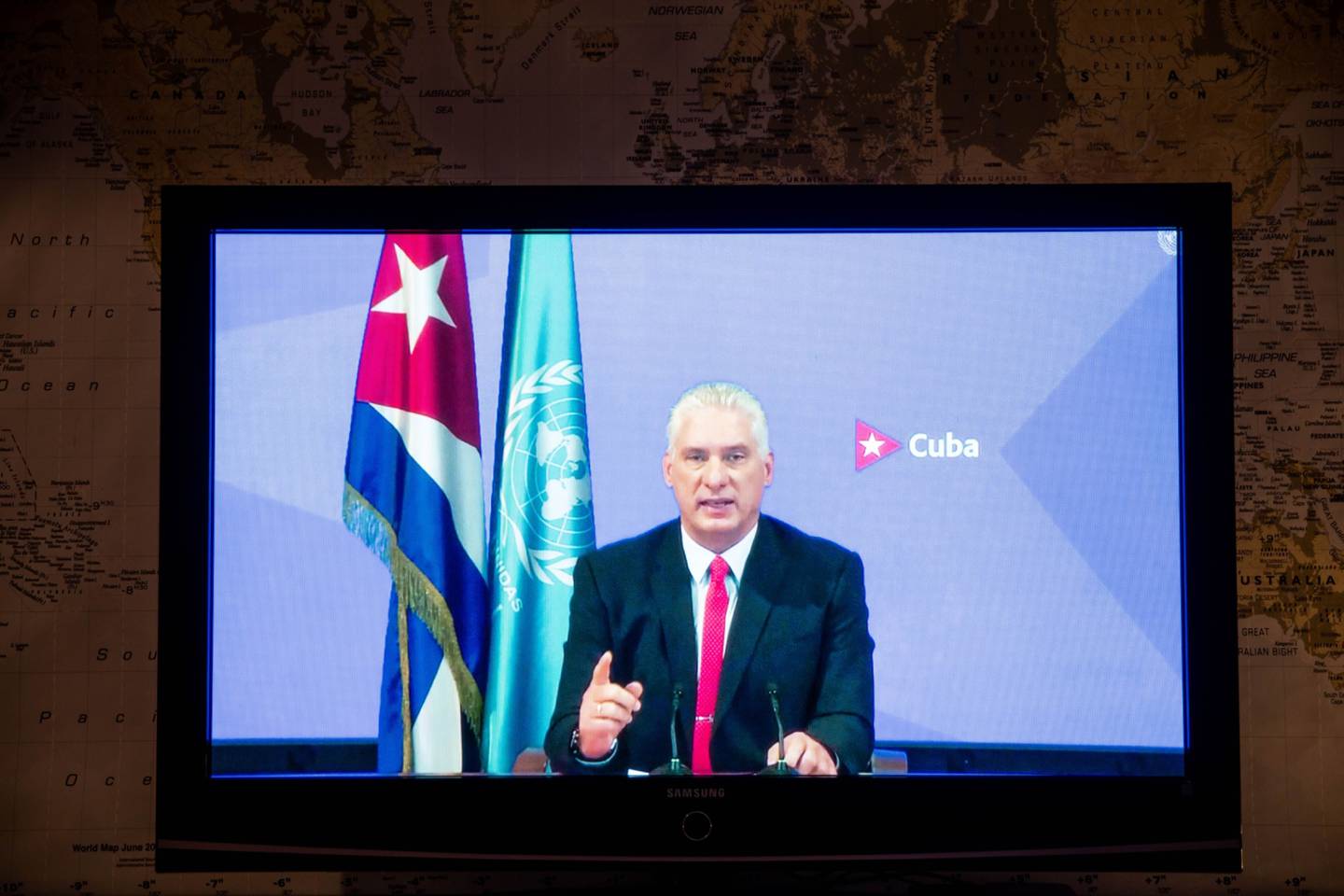 Miguel Díaz-Canel, presidente de Cuba, habla durante la Asamblea General de las Naciones Unidas en Nueva York, Estados Unidos, el jueves 23 de septiembre de 2021.