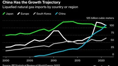China Tiene la trayectoria de crecimiento
Importaciones de gas natural licuado por país o región
Verde: Japón, Blanco: Europa, Gris: Corea del Sur, Azul: China. 125 mil millones de metros cúbicos