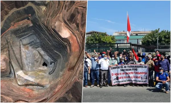 A la izquierda una imagen satelital de la mina de Cuajone, ubicada en la región de Moquegua y operada por Southern Perú Copper Corporation. A la derecha, una reciente protesta de los trabajadores de Southern Perú frente al Ministerio de Energía y Minas.