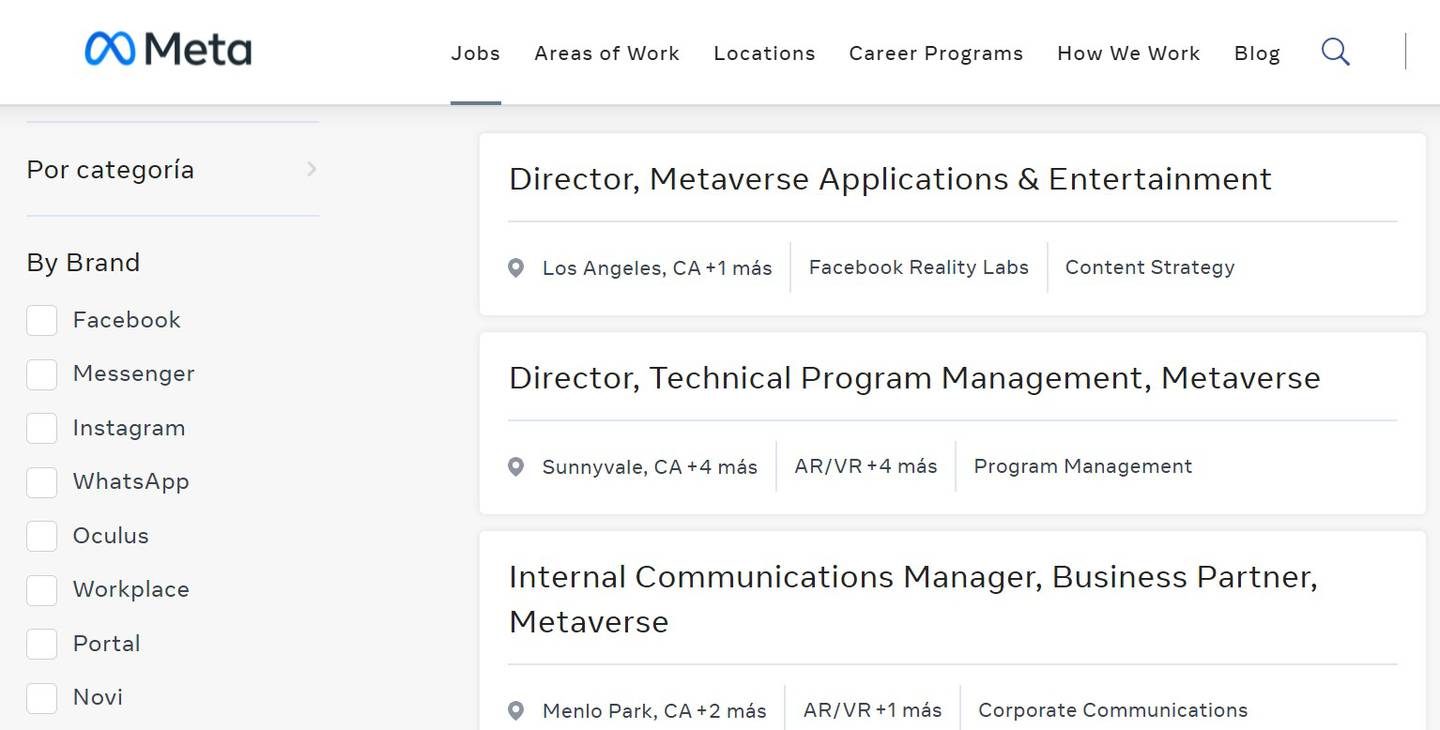 Captura de pantalla de la página oficial de empleos de la compañía Meta. Perfiles especializados para el desarrollo del Metaverso.dfd