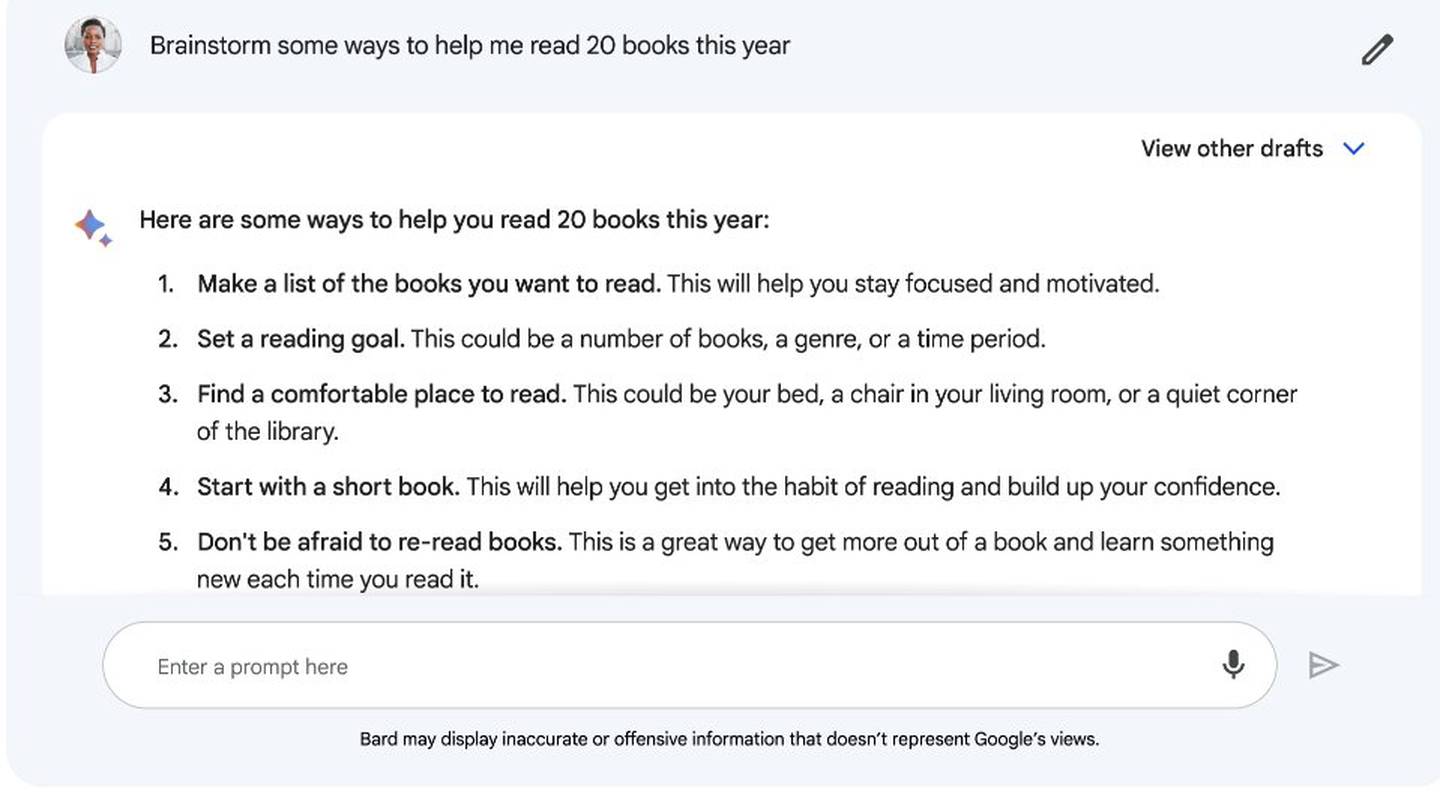 Los desarrolladores dicen que Bard puede ayudar a hacer una lluvia de ideas sobre algunas formas de leer más libros este año.dfd