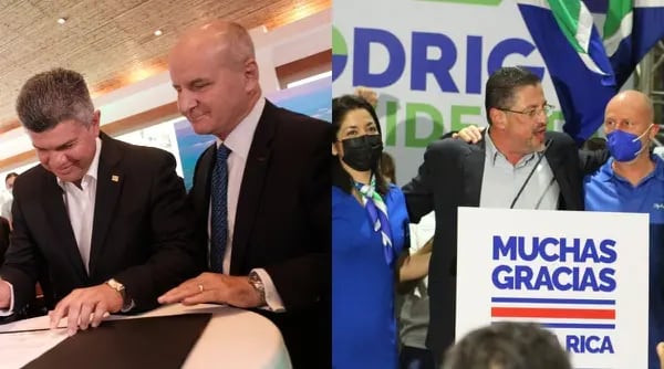 De izquierda a derecha Álvaro Ramírez candidato a la vicepresidencia, José María Figueres candidato a presidencia y Rodrigo Chaves candidato a presidencia