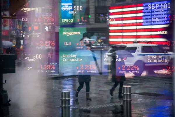 Stock market information at the Nasdaq MarketSite in New York, US. Photographer: Michael Nagle/Bloomberg