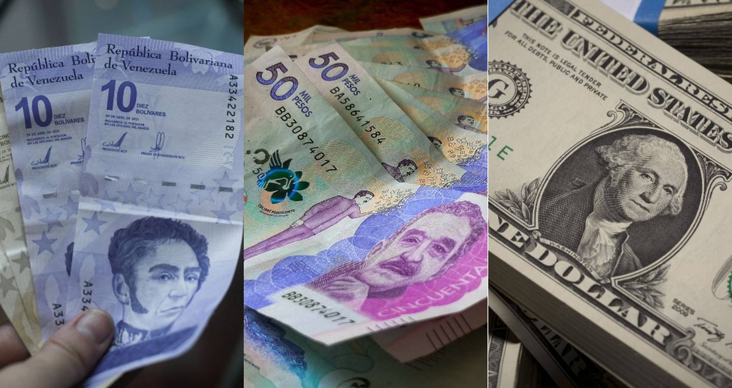 Billetes de bolívares, pesos colombianos y dólares
