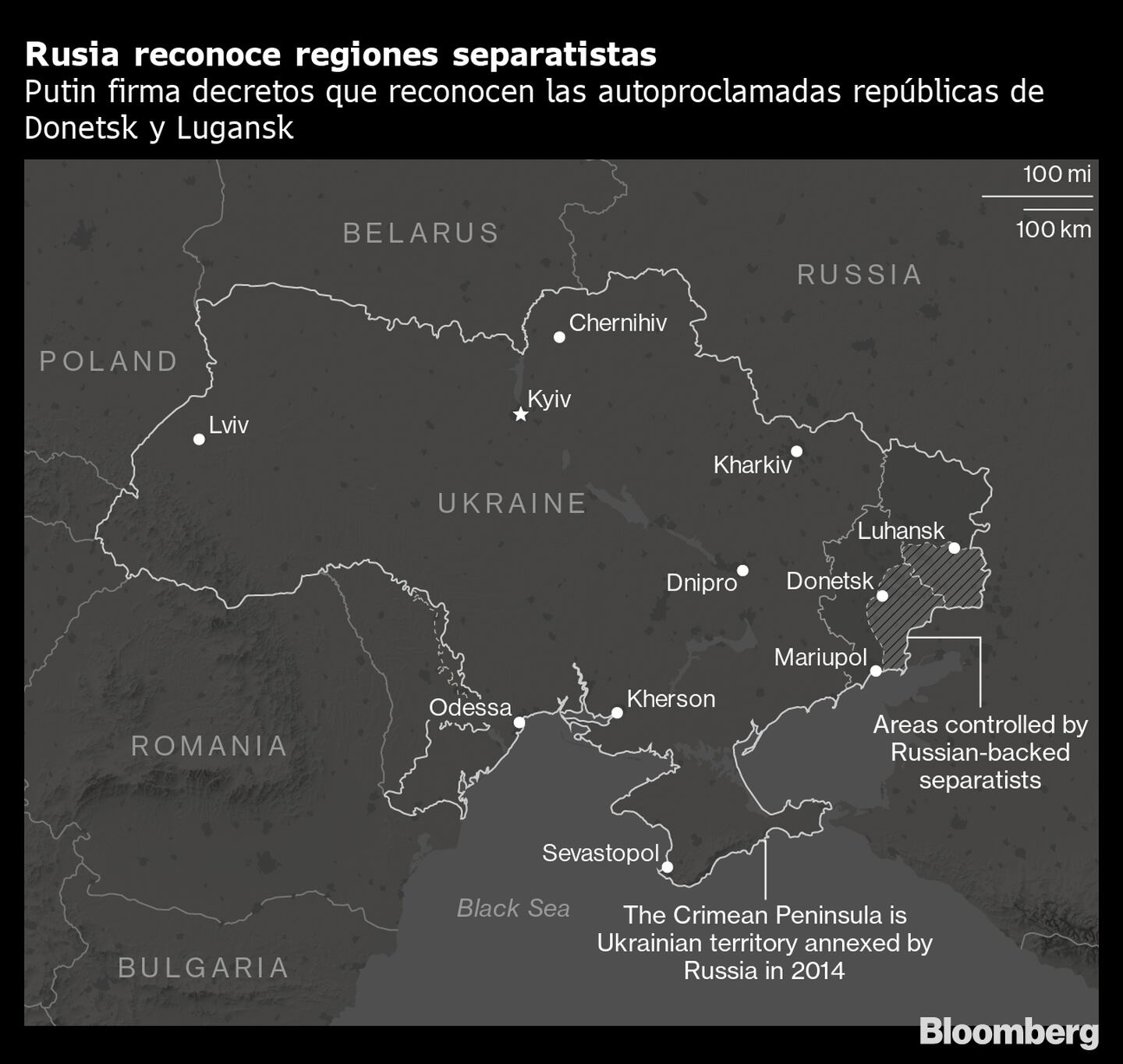 Putin firma los decretos de reconocimiento de las repúblicas autoproclamadas de Donetsk y Luhansk
Zonas controladas por los separatistas apoyados por Rusia
La península de Crimea es territorio ucraniano anexionado por Rusia en 2014
dfd