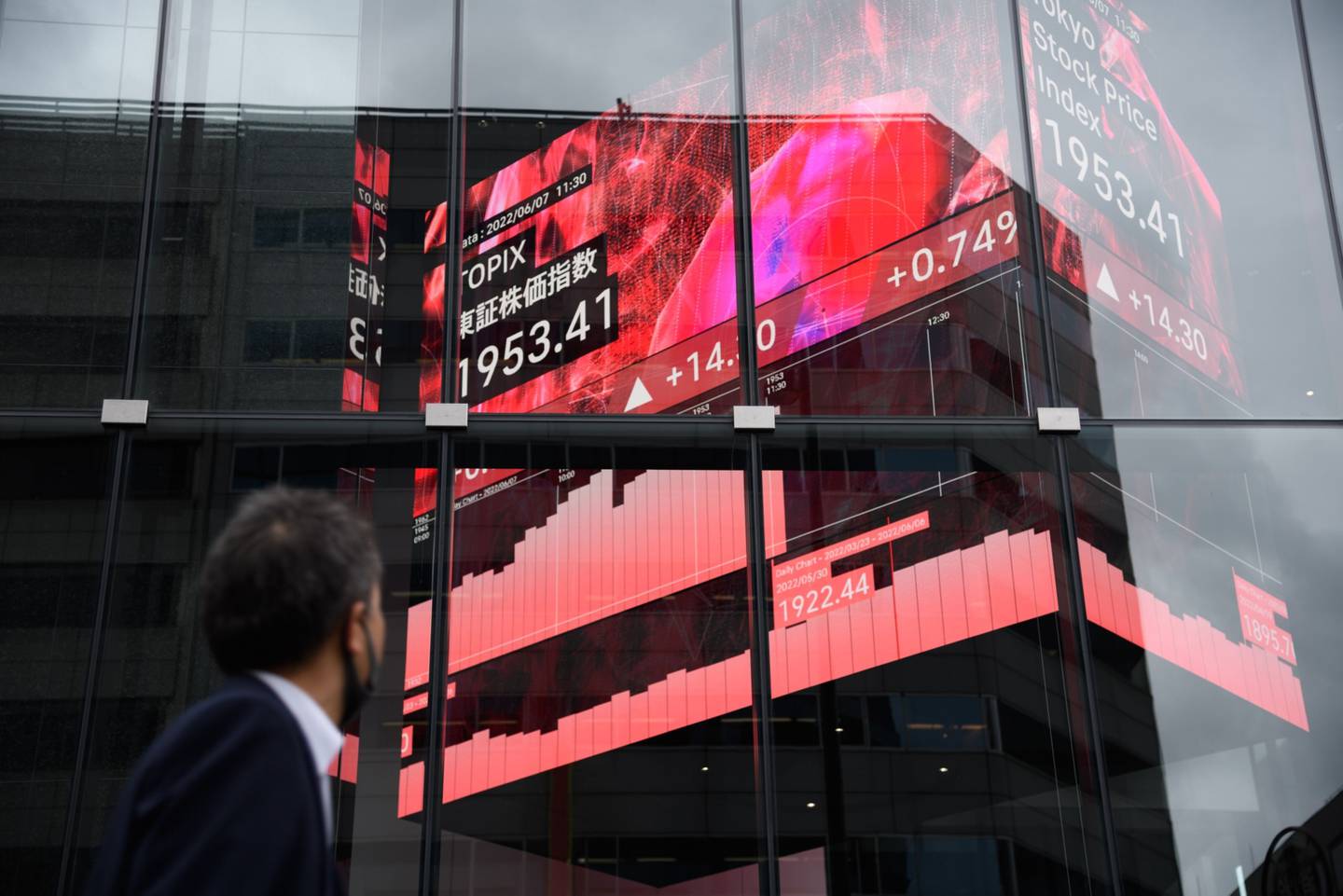 El Índice de Precios de la Bolsa de Tokio se muestra en una pantalla de cubo giratorio en un atrio del edificio Kabuto One, junto a la Bolsa de Tokio, en Tokio, Japón, el martes 7 de junio de 2022. Fotógrafo: Akio Kon/Bloomberg