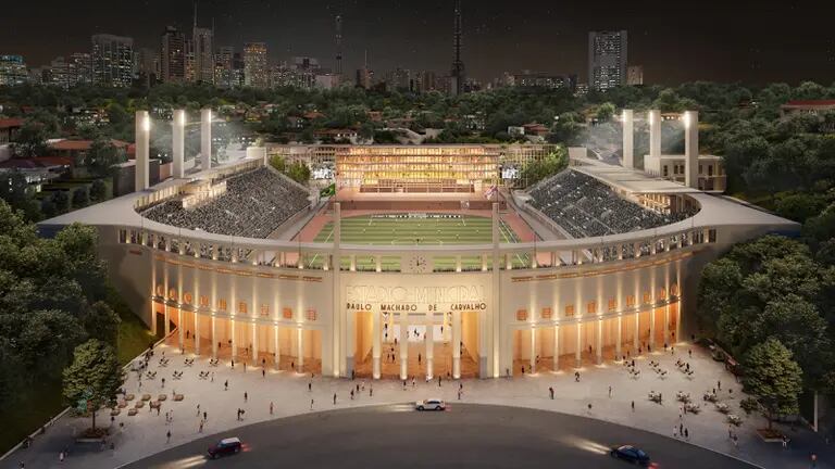 Imagem projetada do estádio do Pacaembu reformado pelo Consórcio Allegra Pacamebu, que ganhou a concessão para administrá-lo por 30 anos (Foto: Divulgação)dfd