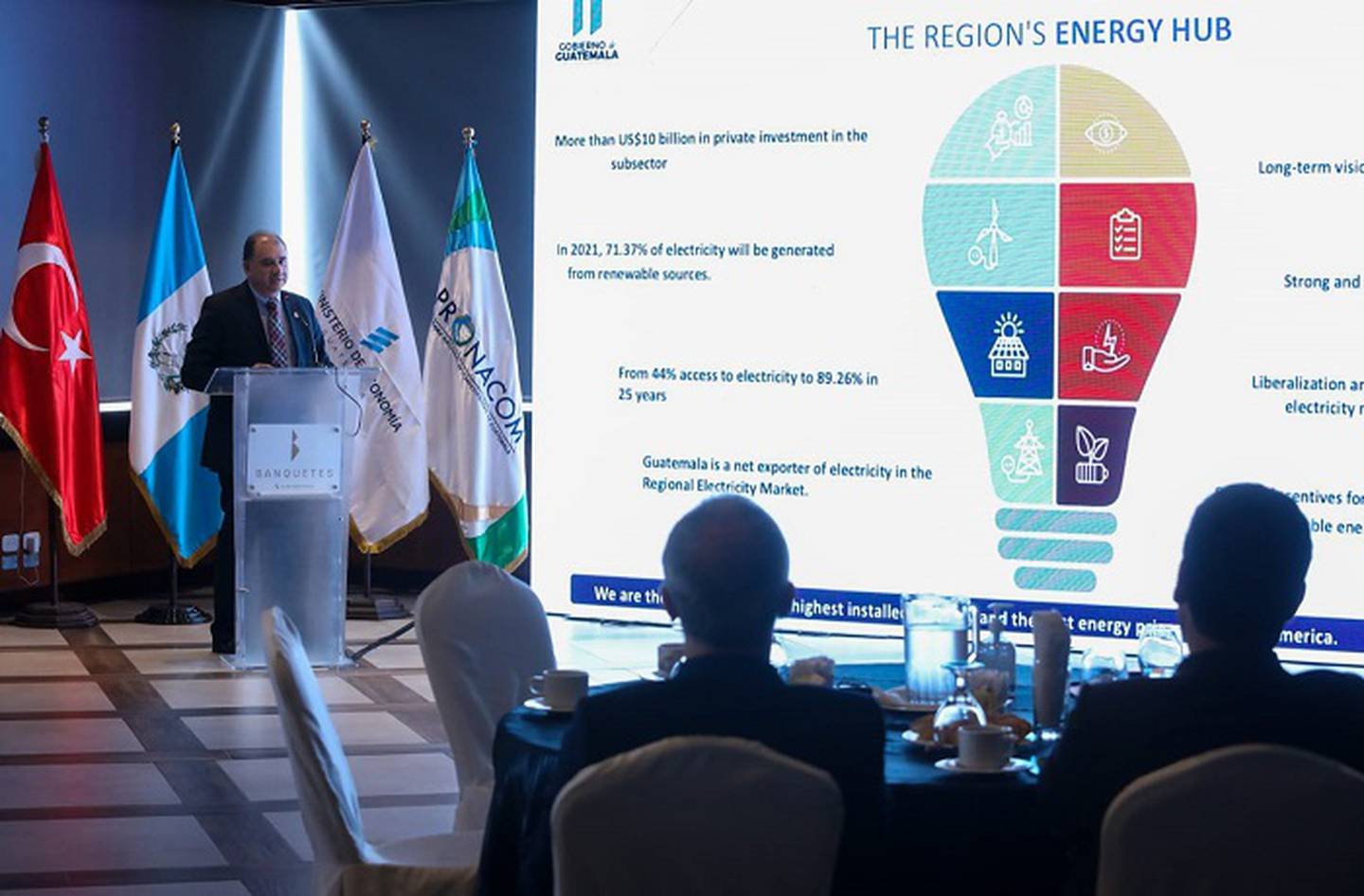 El viceministro de Energía y Minas, Manuel Eduardo Arita, llevó a cabo una presentación en la cual dio a conocer a Guatemala como el hub energético de la región centroamericana.dfd