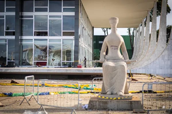 Damage outside Brazil's Supreme Court following attacks on government buildings by supporters of former President Jair Bolsonaro in Brasilia.