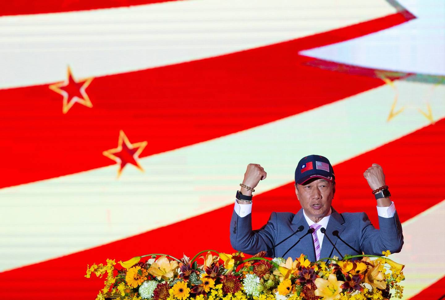 Terry Gou, founder of Foxconn Technology Group, gestures while speaking during a company event in Taipei, Taiwan.