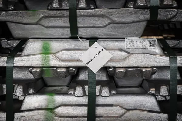 A 'Made in Russia' tag on a bound stack of aluminium ingots in Sayanogorsk, Russia.