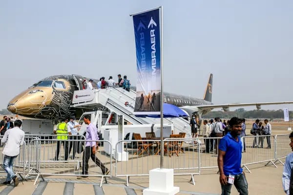 An Embraer SA E195-E2 aircraft at the Wings India 2022 Air Show held at Begumpet Airport in Hyderabad, India.