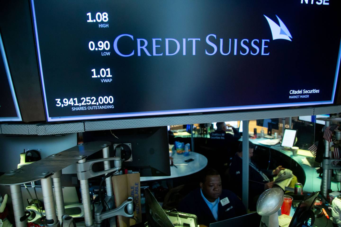 Credit Suisse signage on the floor of the New York Stock Exchange (NYSE) in New York, US, on Monday, March 20, 2023. dfd