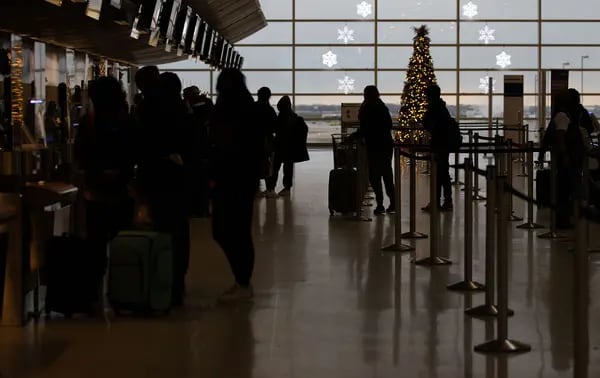Los viajeros esperan en la cola para facturar el equipaje en el Aeropuerto Metropolitano del Condado de Wayne de Detroit en Romulus, Michigan.