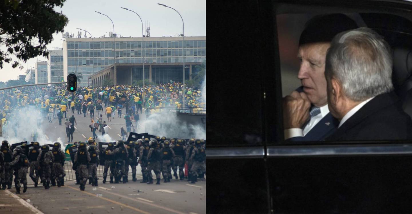 A la izquierda, las manifestaciones en Brasil. A la derecha, el encuentro entre Joe Biden y Andrés Manuel López Obrador.dfd