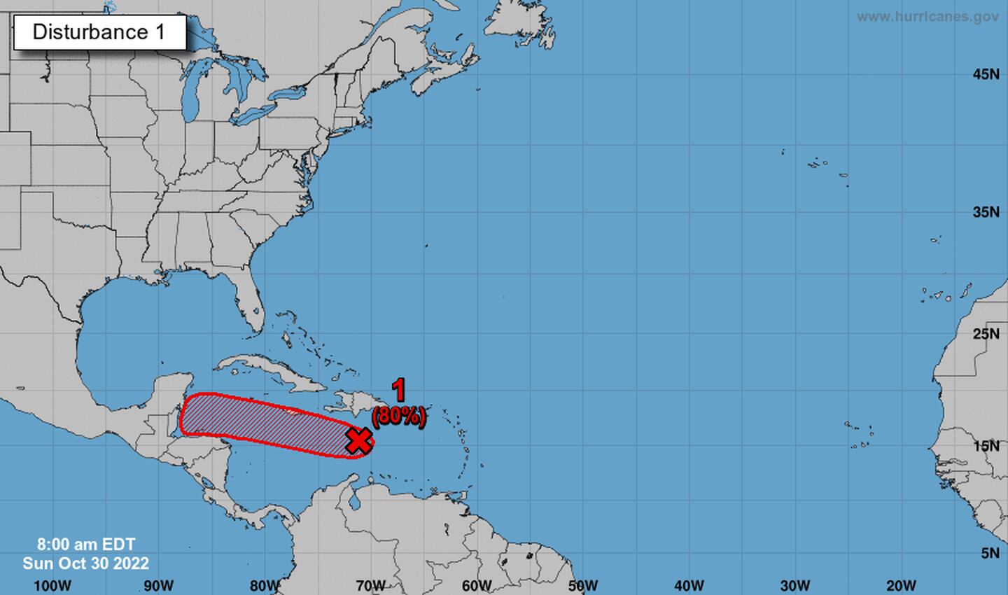 El NHC está monitoreando un área de baja presión en el Mar Caribe central, que ahora tiene una alta probabilidad de convertirse en un ciclón tropical.