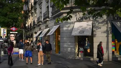 A Loewe SA luxury clothing boutique, operated by LVMH Moet Hennessy Louis SE, in the Salamanca district of Madrid, Spain, on Saturday, May 27, 2023. A flood of funds from well-heeled Latin Americans is changing the face of Madrid: driving property prices soaring and creating a sizzling hot high-end dining scene.