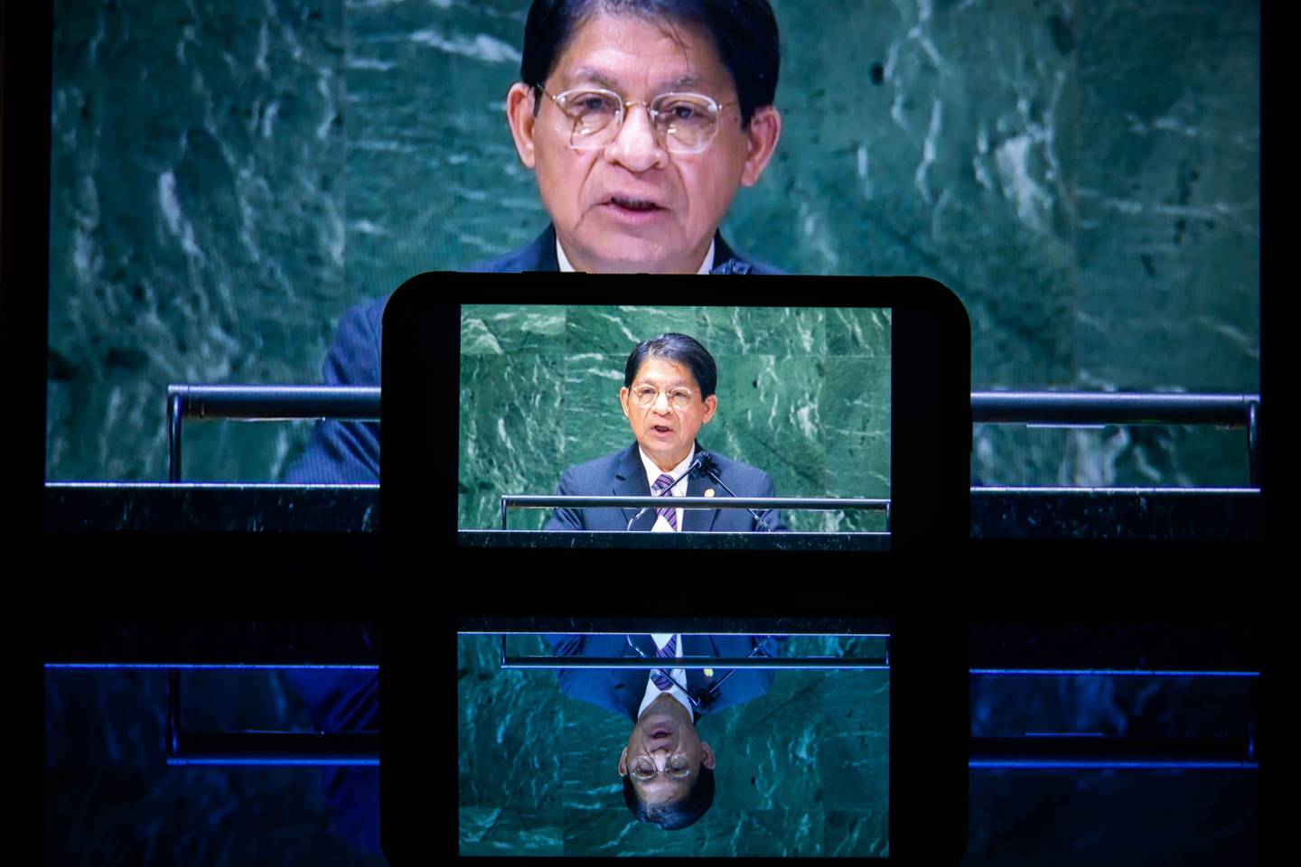 Denis Moncada Colindres, Nicaragua's foreign minister, speaks during the United Nations General Assembly via live stream in New York, U.S., on Monday, Sept. 27, 2021. A scaled-back United Nations General Assembly returns to Manhattan after going completely virtual last year, but fears about a possible spike in Covid-19 cases are making people in the host city less enthusiastic about the annual diplomatic gathering. Photographer: Michael Nagle/Bloomberg