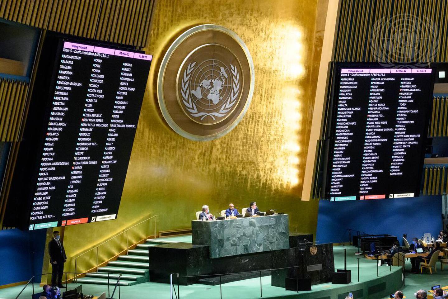 La ONU dicta una resolución para condenar el ataque de Rusia a Ucrania. Marzo 3, 2022. UN Photo/Loey Felipe