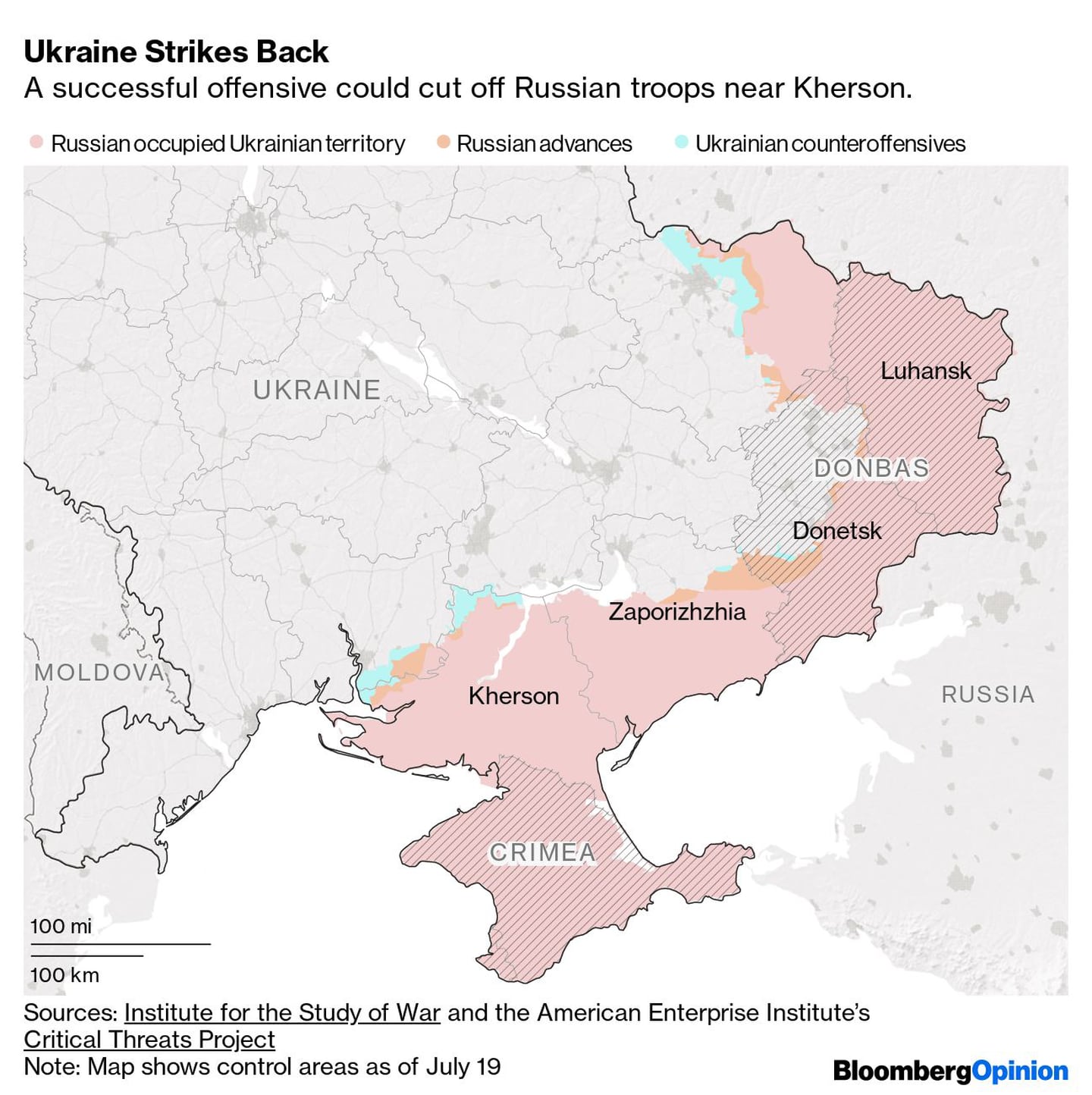 Una ofensiva exitosa podría bloquear a las tropas rusias cerca de Kherson
En rosa: territorio ucraniano ocupado por Rusia
En naranja: avances rusos
En celeste: contraofensivas ucranianasdfd