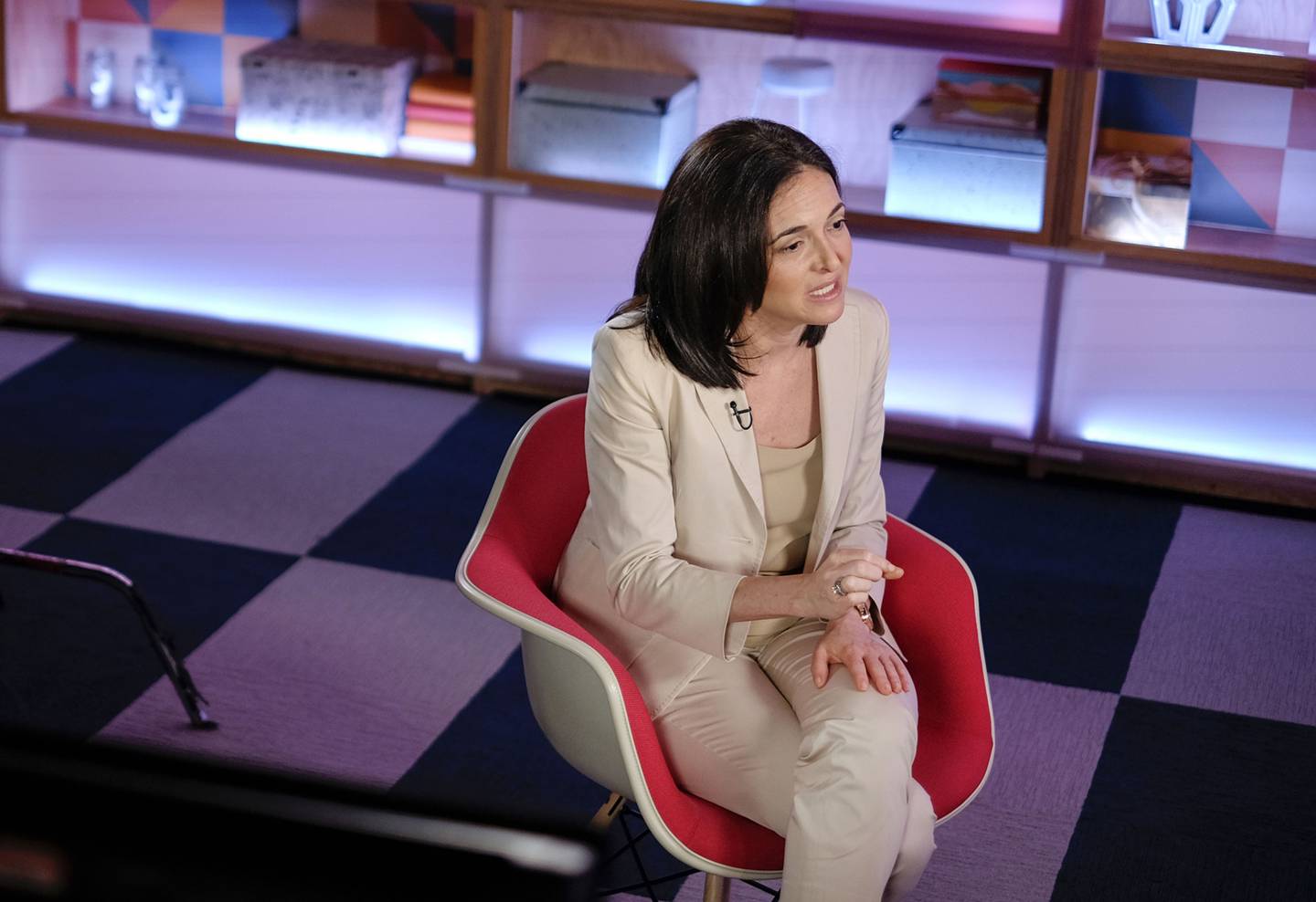 Sheryl Sandberg speaks during a Bloomberg Studio 1.0 television interview at Facebook headquarters in Menlo Park, California.
