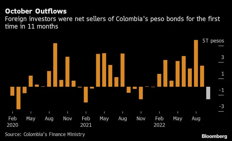 Los inversionistas extranjeros fueron vendedores netos de bonos en pesos colombianos por primera vez en 11 meses.dfd