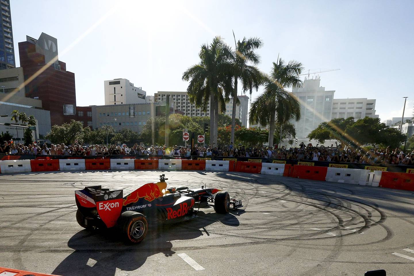 Patrick Friesacher does doughnuts during the F1 Festival at Bayfront Park on Oct. 20, 2018, in Miami. The 2022 Miami Grand Prix takes place May 6-8 at the Miami International Autodrome in Miami Gardens, Fla.