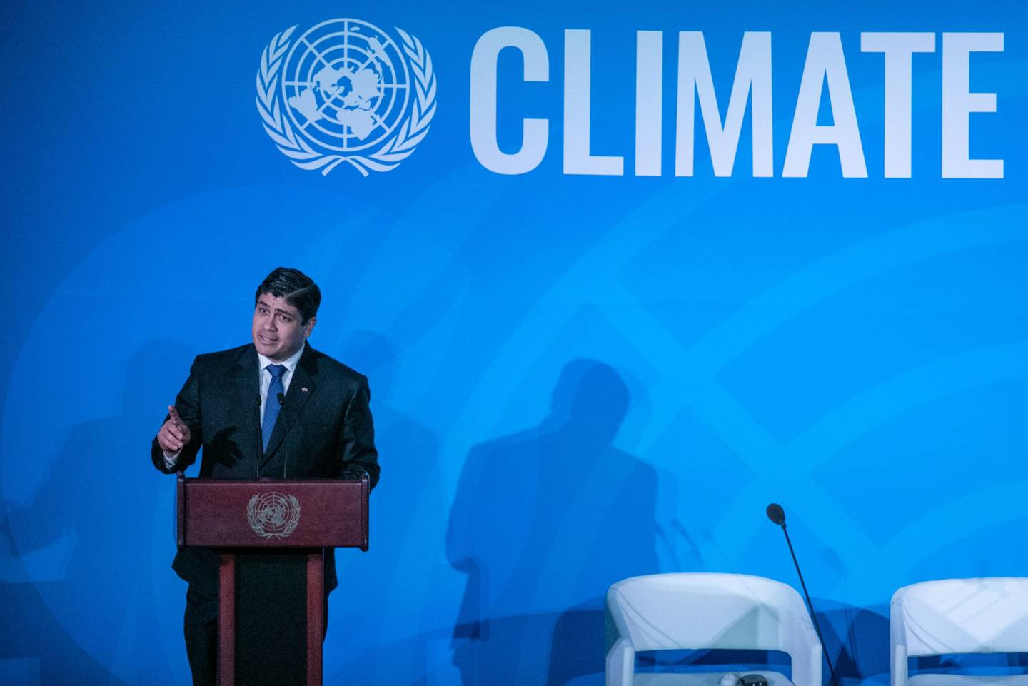 The president of Costa Rica, during the United Nations Climate Action Summit in 2019.