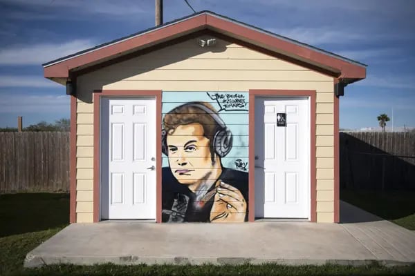 A mural of Tesla and SpaceX founder Elon Musk at The Broken Sprocket food truck park and bar in Brownsville, Texas.