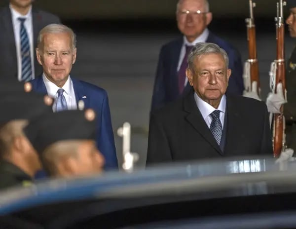 US President Joe Biden, left, and Andres Manuel Lopez Obrador, Mexico's president, at Felipe Angeles International Airport (AIFA).