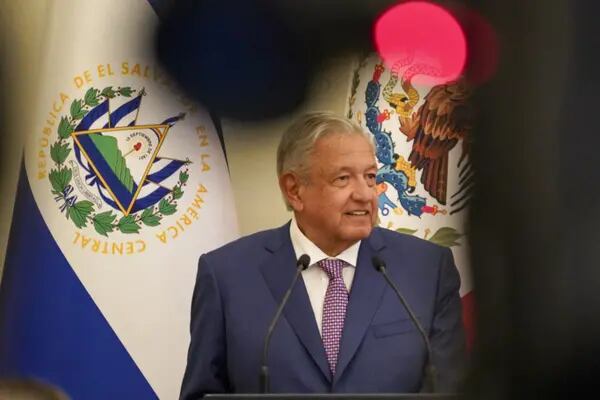 Andres Manuel Lopez Obrador, Mexico's president, speaks during a joint press conference with Nayib Bukele, El Salvador's president, not pictured, at the Presidential House in San Salvador.
