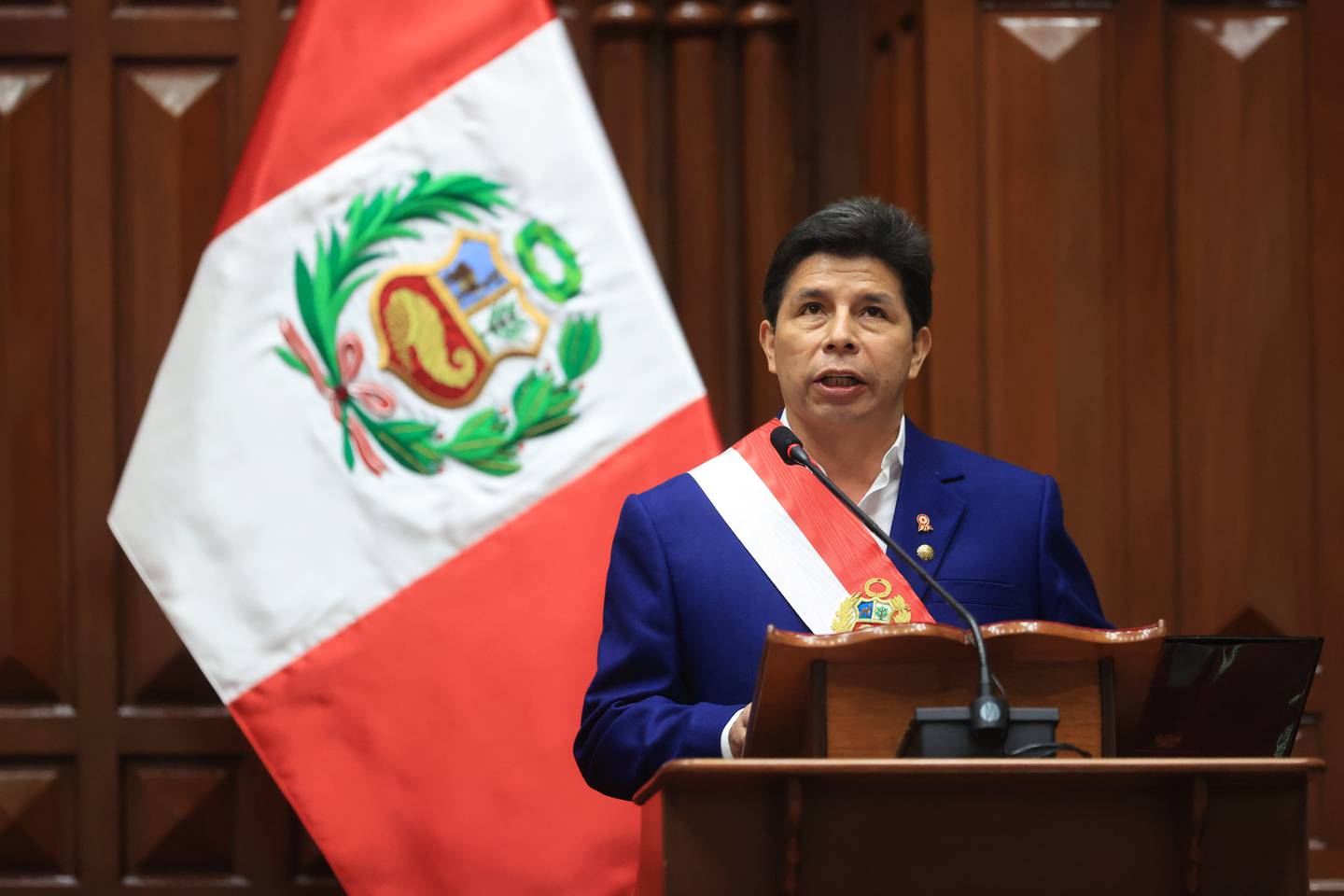 Pedro Castillo, presidente de Perú, da un mensaje a la nación desde el Congreso de la República a un año de que inició su gobierno.