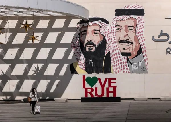 A wall mural displaying Saudi Arabia's Crown Prince Mohammed bin Salman, left, and Saudi Arabia's King Salman bin Abdulaziz.