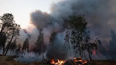 Una nube de humo se eleva desde una operación de contrafuego durante el incendio Mosquito cerca de Volcanoville, California, EE.UU., el viernes 9 de septiembre de 2022.