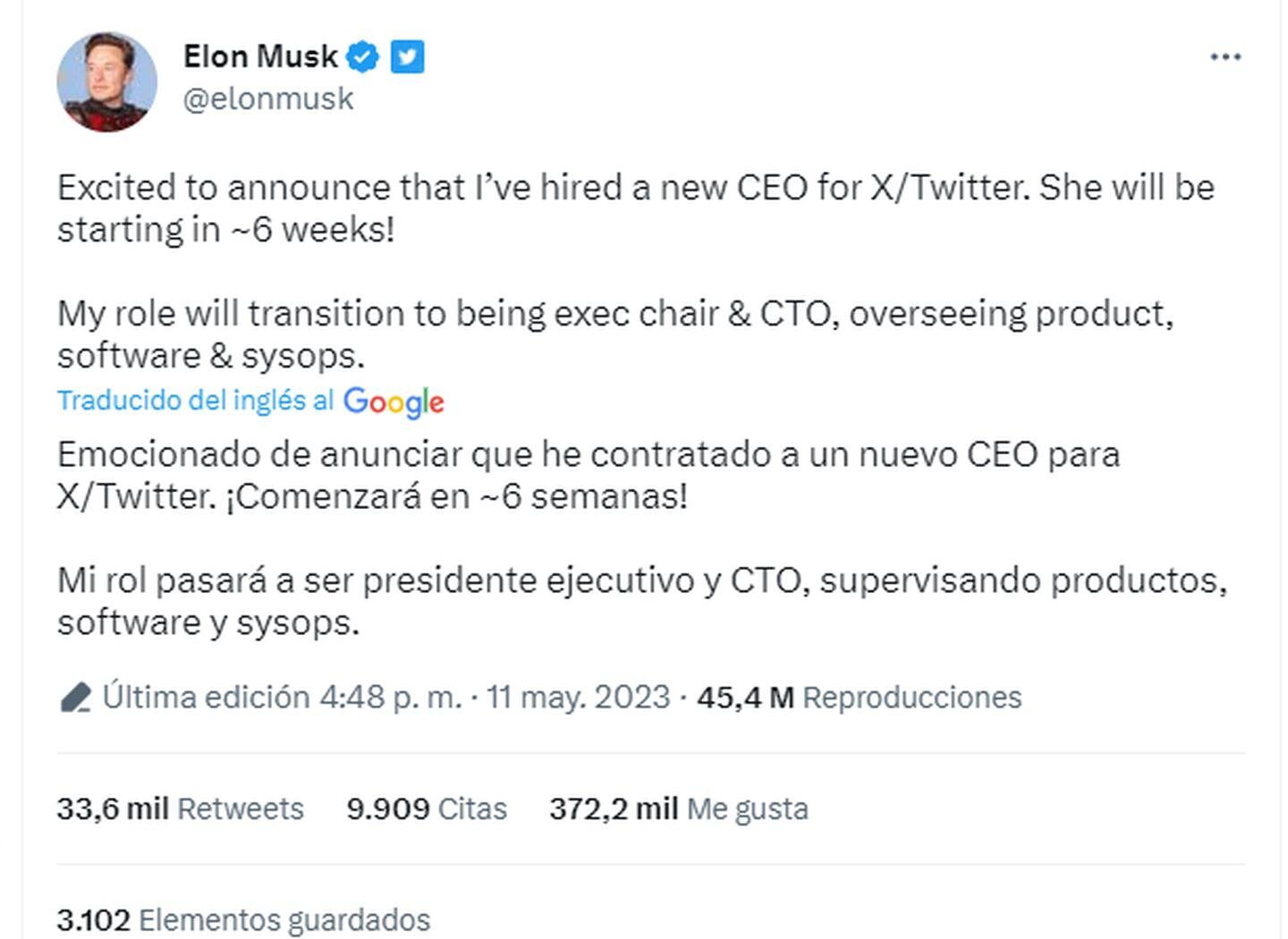 Tuit de Elon Muskdfd