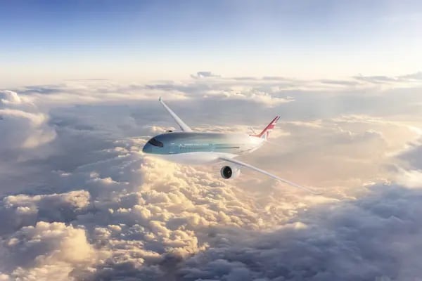 Representación del concepto de avión de pasajeros FlyZero impulsado por hidrógeno líquido