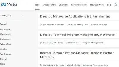 Captura de pantalla de la página oficial de empleos de la compañía Meta. Perfiles especializados para el desarrollo del Metaverso.