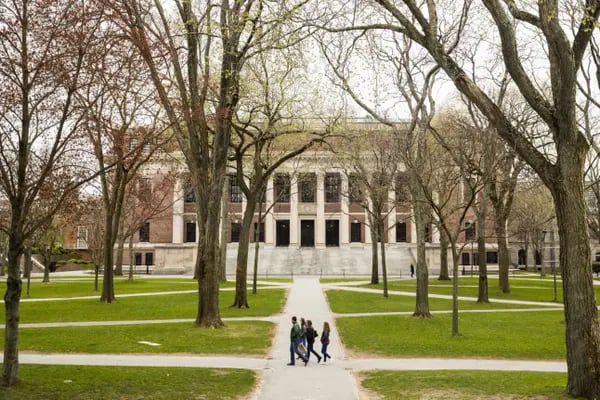 Peatones caminan por Harvard Yard en el campus cerrado de la Universidad de Harvard en Cambridge, Massachusetts, Estados Unidos, el lunes 20 de abril de 2020.