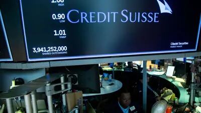 Credit Suisse signage on the floor of the New York Stock Exchange (NYSE) in New York, US, on Monday, March 20, 2023. 