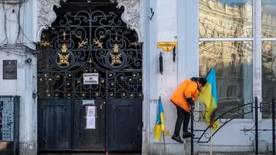 Ukrainian flags are installed outside a building in Odessa. The city's confidence extends to a belief that Ukraine could stop it falling into Russian hands.
