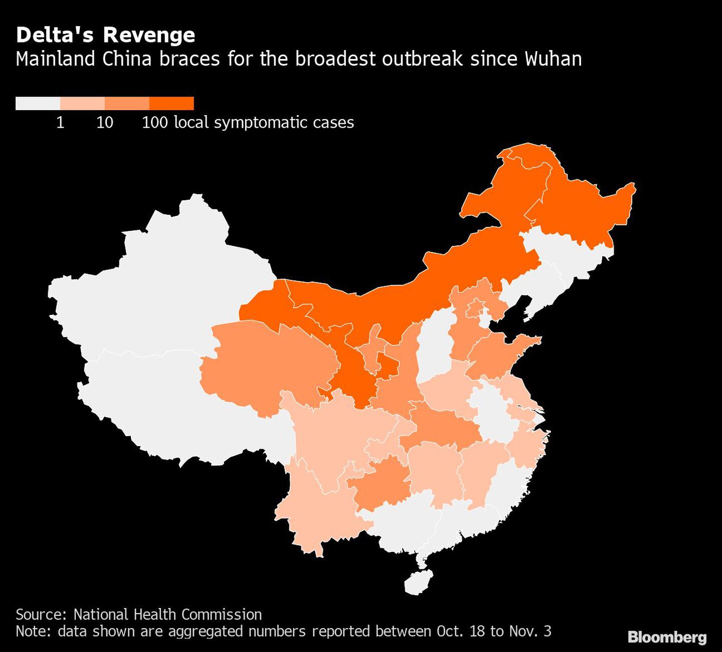 Los colores representan la cantidad de casos sintomáticos de la variante delta en China continental.dfd