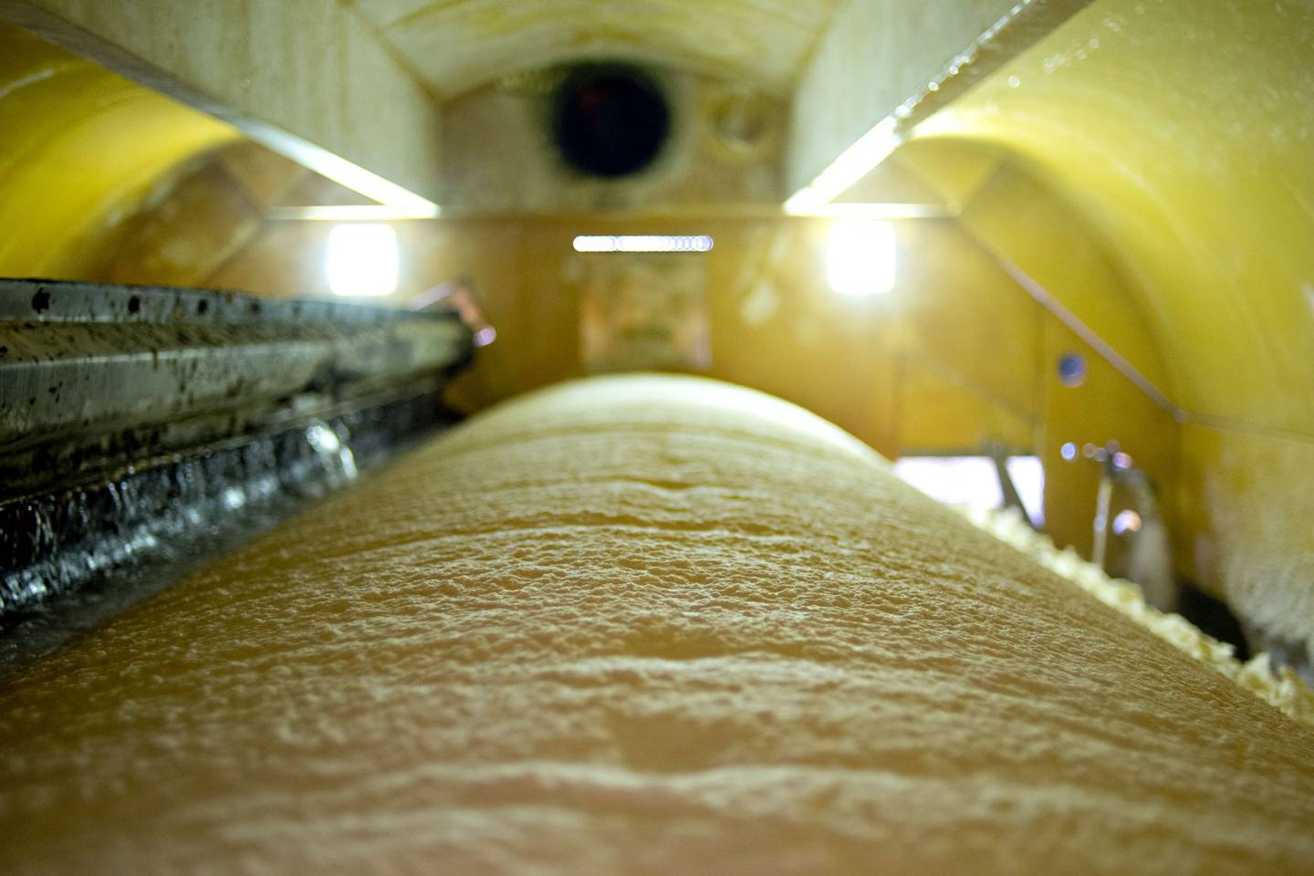 Wood pulp is being processed at a paper mill.