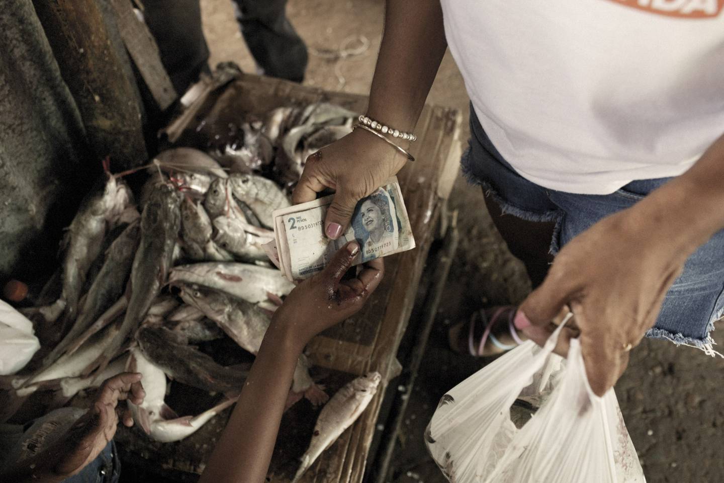 A customer pays for fish in a food market in Riohacha, Colombia.
