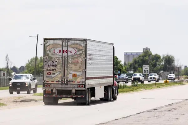 A truck with JBS signage travels near the JBS Beef Production Facility in Greeley, Colorado, U.S.
