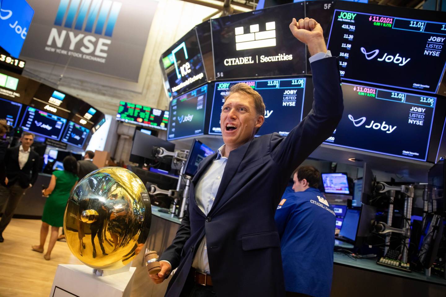 JoeBen Bevirt, founder and CEO of Joby Aviation, celebrates during the company's IPO at the New York Stock Exchange, Aug. 11, 2021. Photographer: Michael Nagle/Bloombergdfd
