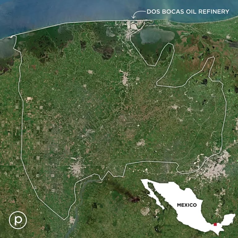 Los campos de petróleo y gas en Tabasco donde perforó Pemex, prometiendo dejar intacta el área donde ahora se está construyendo la refinería Dos Bocas.Source Planet Labsdfd